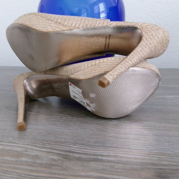 Adrianna Papell Shimmery Sparkly Gold Stiletto Heels Shoes Slingback Peep Toe 8 - Picture 12 of 16
